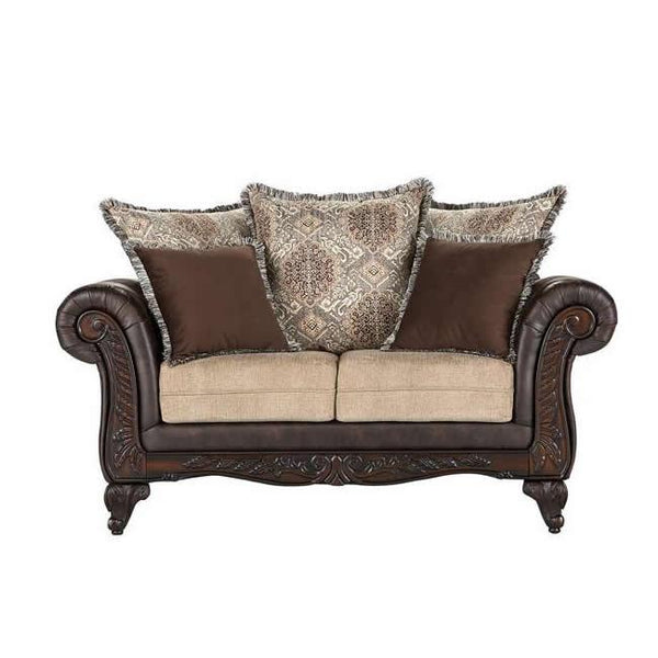 Coaster Furniture Elmbrook 508572 Upholstered Rolled Arm Loveseat with Intricate Wood Carvings - Brown IMAGE 1