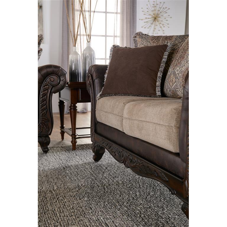Coaster Furniture Elmbrook 508572 Upholstered Rolled Arm Loveseat with Intricate Wood Carvings - Brown IMAGE 3