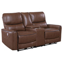 Coaster Furniture Greenfield 610265P Upholstered Power Reclining Loveseat with Console - Saddle Brown IMAGE 1