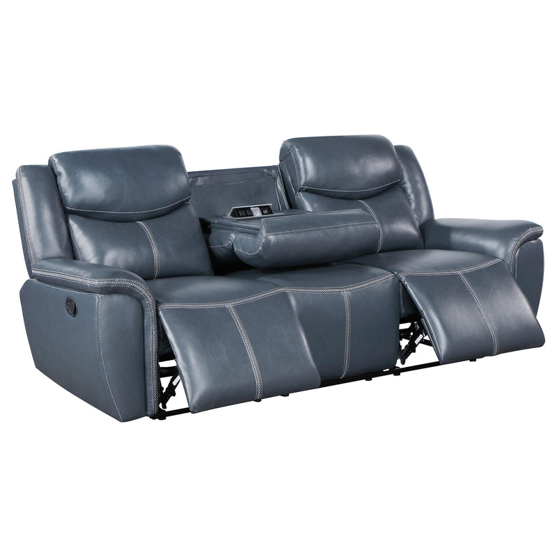 Coaster Furniture Sloane 610271 Upholstered Motion Reclining Sofa with Drop Down Table - Blue IMAGE 3