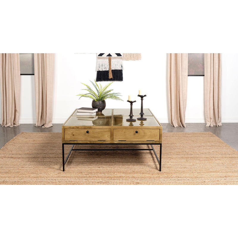 Coaster Furniture Stephie 704698 4-Drawer Square Clear Glass Top Coffee Table - Honey Brown IMAGE 2