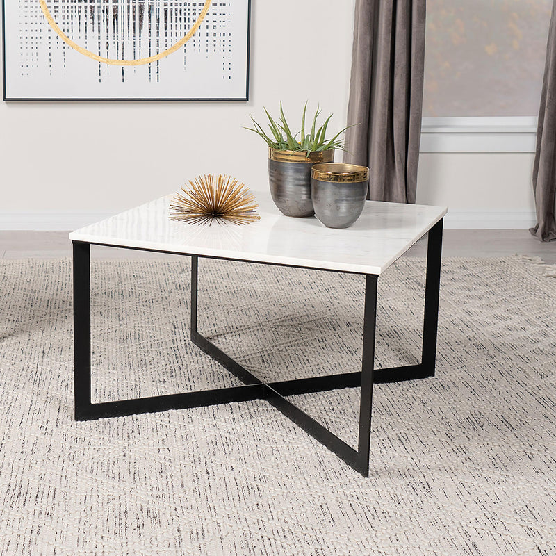 Coaster Furniture Tobin 707698 Square Marble Top Coffee Table - White/Black IMAGE 2