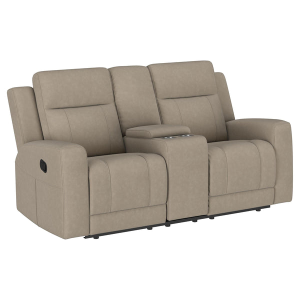 Coaster Furniture Brentwood 610282 Upholstered Motion Reclining Loveseat with Console - Taupe IMAGE 1