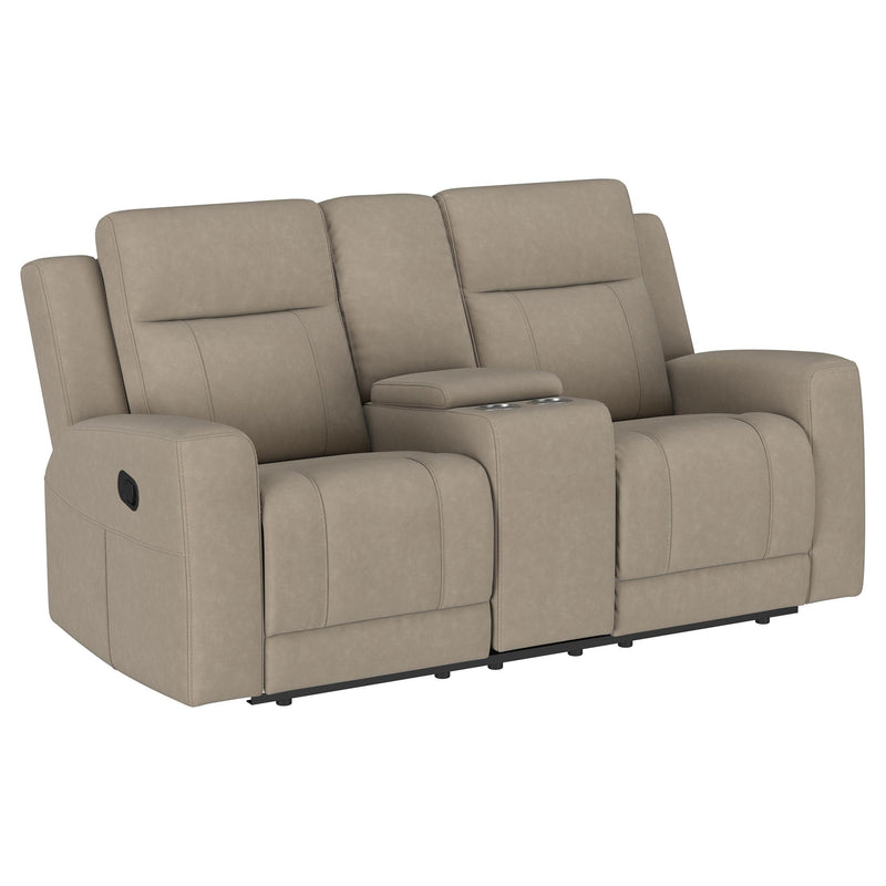 Coaster Furniture Brentwood 610282 Upholstered Motion Reclining Loveseat with Console - Taupe IMAGE 1
