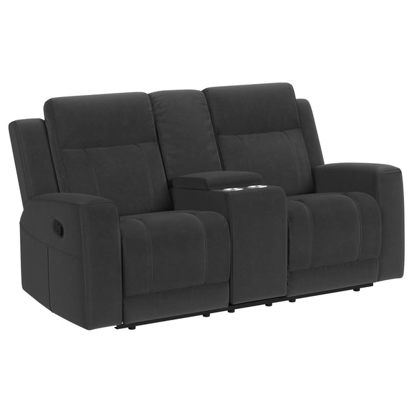 Coaster Furniture Brentwood 610285 Upholstered Motion Reclining Loveseat with Console - Black IMAGE 1