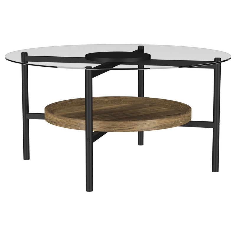 Coaster Furniture Delfin 721618 Round Glass Top Coffee Table with Shelf - Black/Brown IMAGE 1