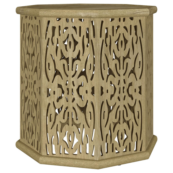 Coaster Furniture Torres 931148 Octagonal Solid Wood Side Table with Intricate Openwork Carvings - Natural Brown IMAGE 1