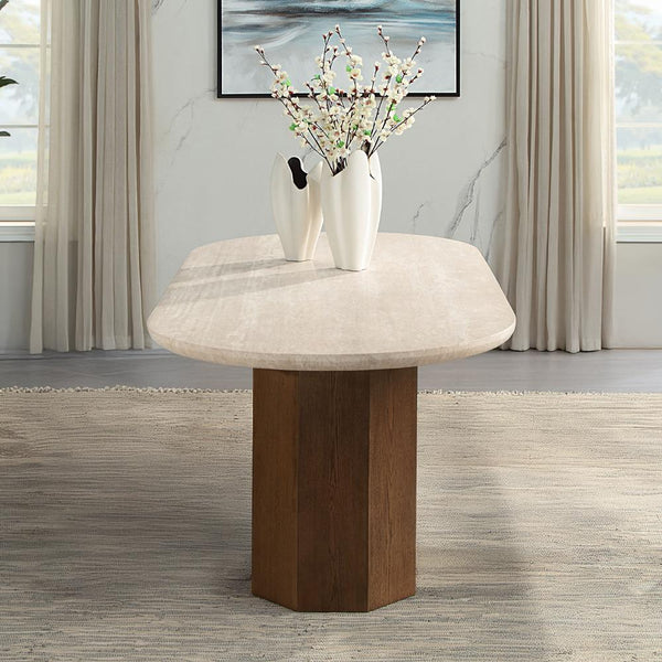 Acme Furniture Oval Leonardo Dining Table with Travertine Top DN04015 IMAGE 1