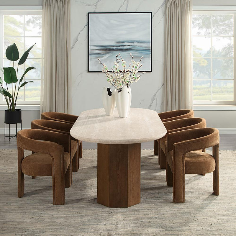 Acme Furniture Oval Leonardo Dining Table with Travertine Top DN04015 IMAGE 7