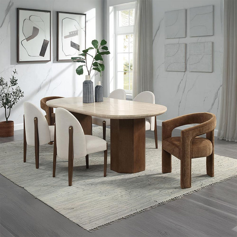 Acme Furniture Oval Leonardo Dining Table with Travertine Top DN04015 IMAGE 9