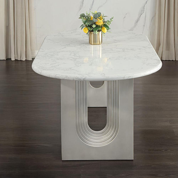 Acme Furniture Oval Zayn Dining Table with Marble Top and Pedestal Base DN04205 IMAGE 1