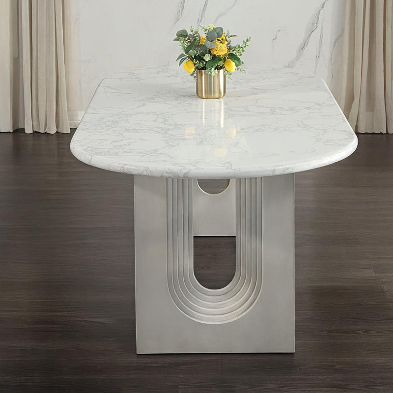 Acme Furniture Oval Zayn Dining Table with Marble Top and Pedestal Base DN04205 IMAGE 1